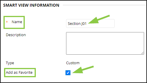 Arrows indicate the name box and the check box for the section